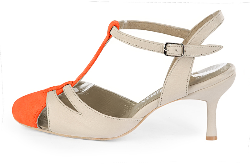 French elegance and refinement for these clementine orange and champagne white dress open back T-strap shoes, 
                available in many subtle leather and colour combinations. Its comfortable fit will accompany you until the end of the night.
Its charming, playful cutout gives you plenty of customization options.  
                Matching clutches for parties, ceremonies and weddings.   
                You can customize these shoes to perfectly match your tastes or needs, and have a unique model.  
                Choice of leathers, colours, knots and heels. 
                Wide range of materials and shades carefully chosen.  
                Rich collection of flat, low, mid and high heels.  
                Small and large shoe sizes - Florence KOOIJMAN
